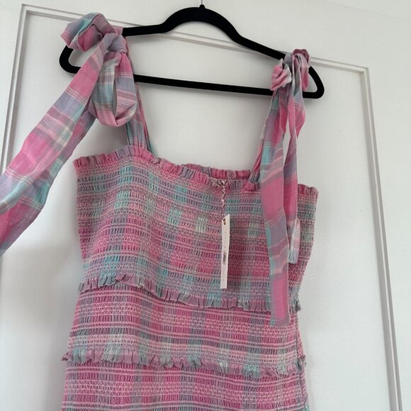 NWT LoveShackFancy Belle Mini Dress Pink Plaid Large Tie Shoulder Straps Smocked - Picture 8 of 10